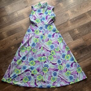 It’s Better Psychedelic Floral Maxi Dress Women’s  70s Mod Sleeveless A-Line